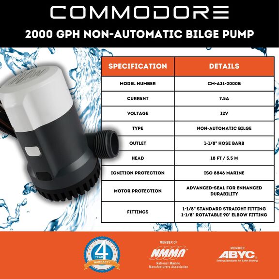 COMMODORE 2000 GPH / 12V A31-Series Non-Automatic Bilge Pump &ndash; High-Capacity, Dual-Outlet image number 2