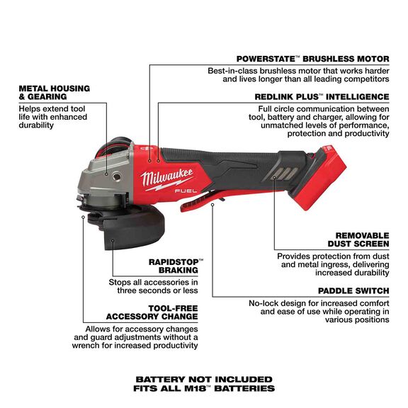 M18 FUEL&trade; 4-1/2" / 5" Variable Speed Braking Grinder, Paddle Switch No-Lock image number 1