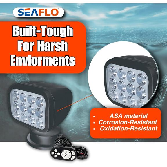 SEAFLO 360&deg; Rotating Remote Control LED Searchlight, 10-30V DC, 2700 Lumens, Wired Remote, Black image number 6