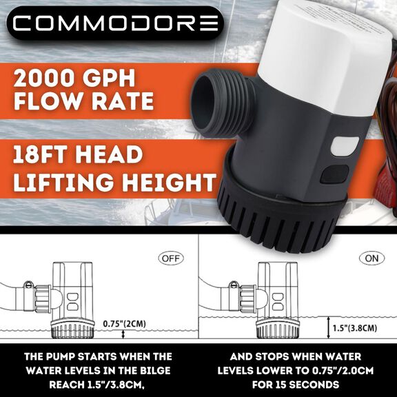 COMMODORE 2000 GPH / 12V A31-Series Non-Automatic Bilge Pump &ndash; High-Capacity, Dual-Outlet image number 4