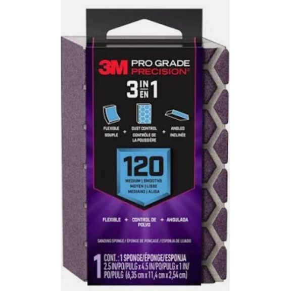 3M Pro Grade Precision 3-in-1 Sanding Sponge DCDA120-PGP-1T, 2.5" x 4.5" x 1", 120 grit, Medium, 12/case image number 0