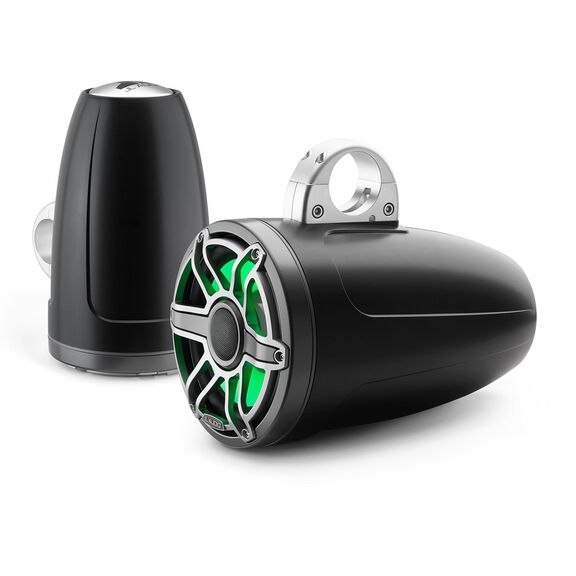 M6-880ETXv3-Sb-S-GmTi-i 8.8" Enclosed Marine Coaxial Speaker System, Satin Black, Gunmetal and Titanium Sport Grille with RGB LED Lighting image number 1