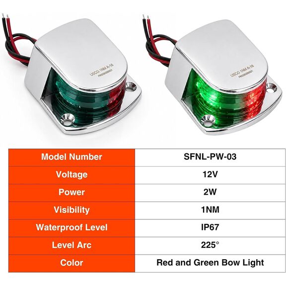 SEAFLO LED Bi-Color Bow Navigation Light, Horizontal Mount, 12V, Stainless Steel image number 3