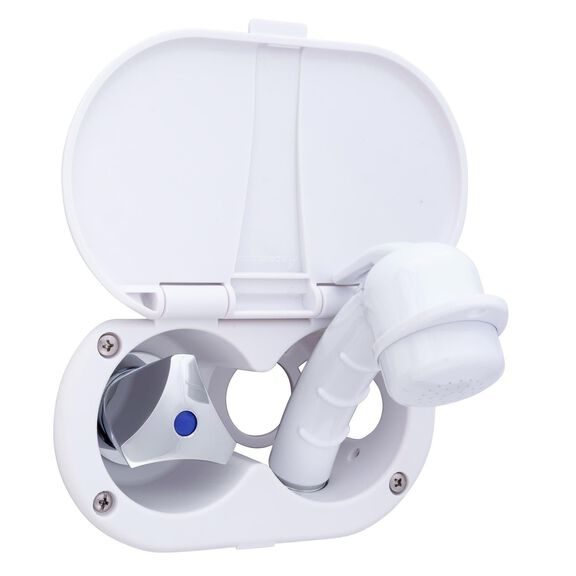 Trinidad Transom Shower Cold Only, Arctic White Cup & Lid, Small Arctic White Sprayer, 6' White Rubber Hose, Chrome Trinidad Handle image number 1