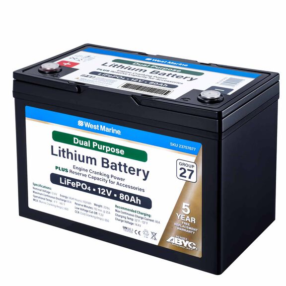 Group 27 Lithium Iron Phosphate Dual Purpose Battery, 12V 80Ah, ABYC Certified image number 1