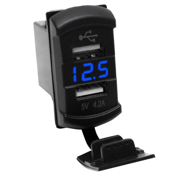 Dual Port USB Rocker Panel Sized With Blue Voltmeter image number 0