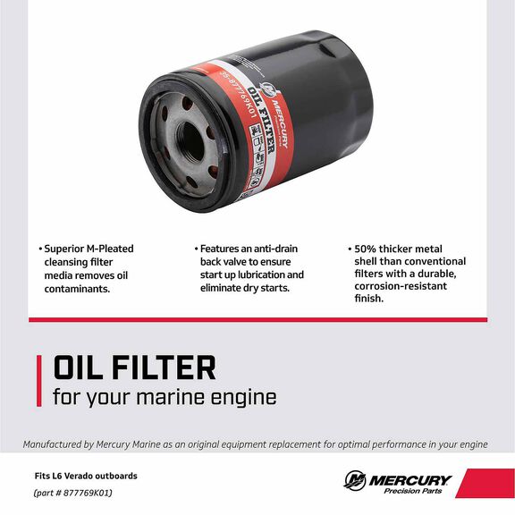 Mercury Verado Oil Filter 877769K01 for Mercury L6 200-350hp Verado and Mercury L6 Racing 400R Outboards image number 2