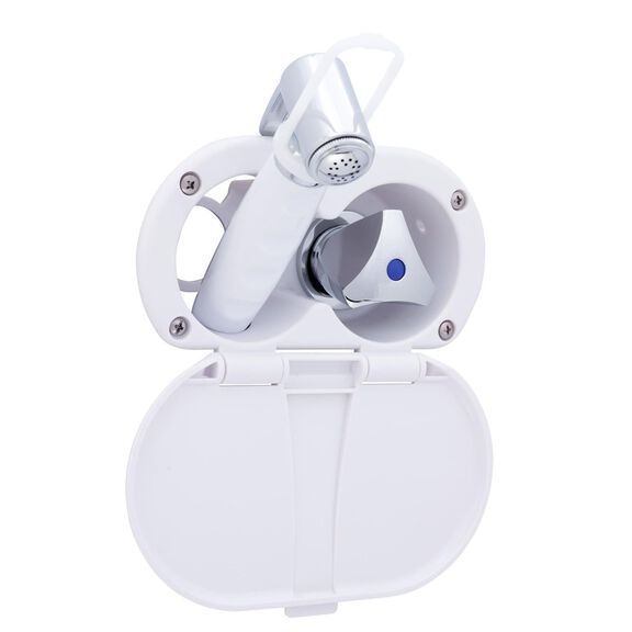 Trinidad Transom Shower Cold Only, Arctic White Cup & Lid, Hammer-Head Arctic White Sprayer, 6' White Rubber Hose, Chrome Trinidad Handle image number 0