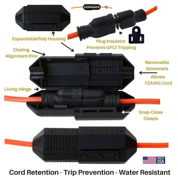 CordSafe Plus Extension Cord Safety Cover, Water Resistant Plug Protector, Black, 2-Pack image number 5
