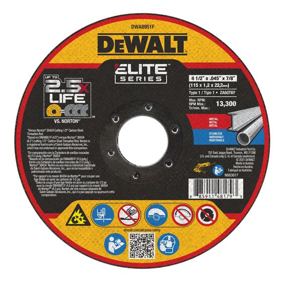 DEWALT Elite Series 4-1/2" x .045" Ceramic Abrasive Chop/Cut-Off Blade with 7/8"Arbor For Stainless & Mild Steel Cutting image number 0