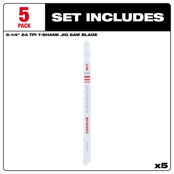 5 1/4" 24TPI T-Shank Metal Cutting Bi-Metal Jig Saw Blades, 5 Pack image number 2
