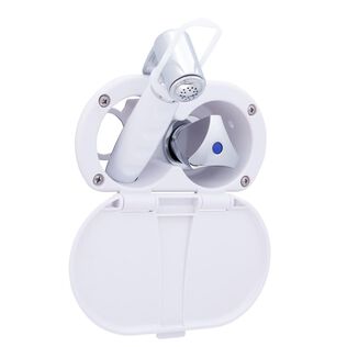 Trinidad Transom Shower Cold Only, Arctic White Cup & Lid, Hammer-Head Arctic White Sprayer, 10' White Rubber Hose, Chrome Trinidad Handle