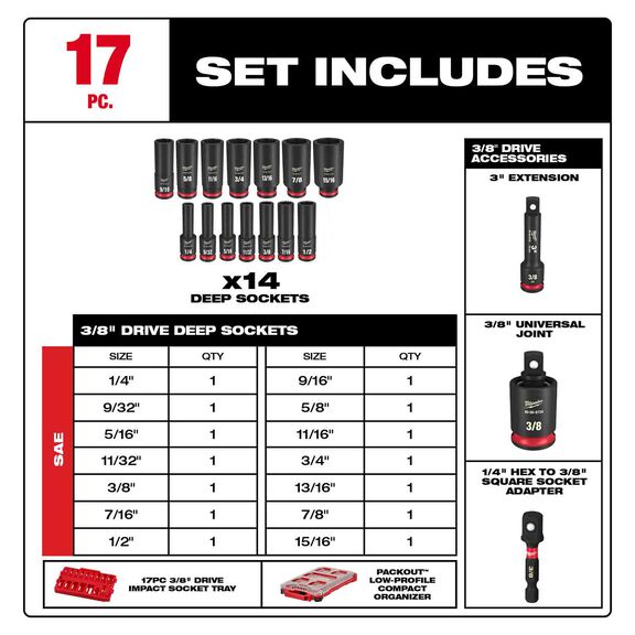 SHOCKWAVE&trade; Impact Duty&trade; Socket 3/8&rdquo; Dr SAE PACKOUT&trade; Set, 17 Piece image number 1