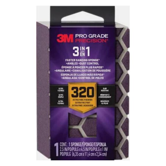 3M Pro Grade Precision 3-in-1 Sanding Sponge DCDA320-PGP-1T, 2.5in x 4.5in x 1in, 320 grit, X-Fine, 12/case image number 0