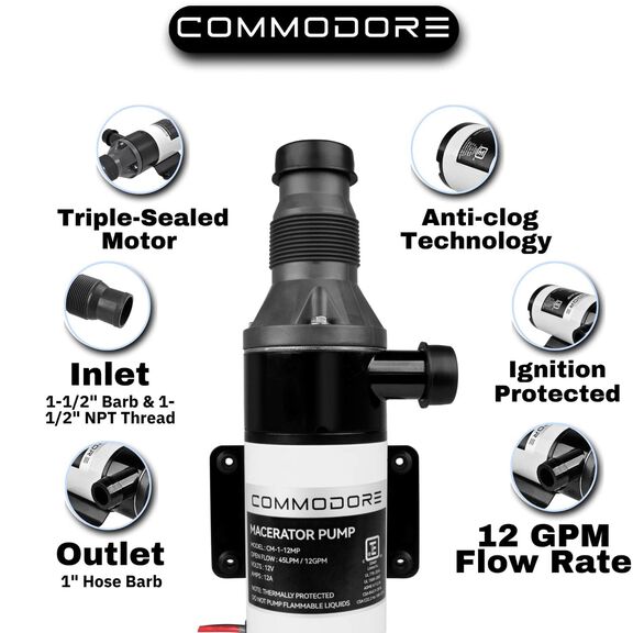 COMMODORE 12 GPM / 12V Macerator Pump &ndash; Quad-Blade Chopper, Self-Priming, 1-1/2" Inlet image number 5