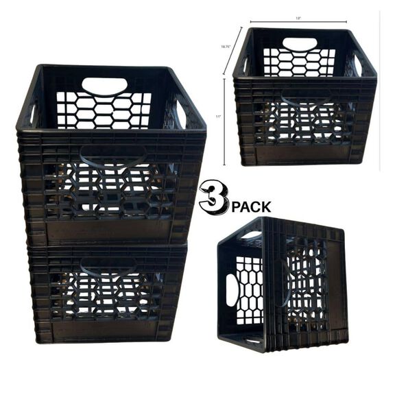 24 Quart Heavy-Duty Black Milk Crates for Storage, Organization, 18.75" x 13" x 11", 3-Pack image number 0