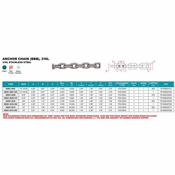 Anchor Chain (S1) 1/2", 316L SS, Sold by the Foot image number 1