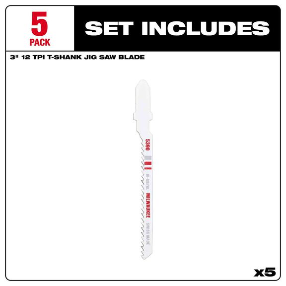3" 12TPI T-Shank Multi-Material Bi-Metal Jig Saw Blades, 5 Pack image number 2