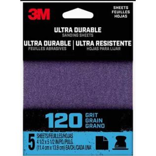3M Ultra Durable Power Sanding 1/4 Sheet, 120 grit, 1/4Sht5pk120, 5 pk, 20/case