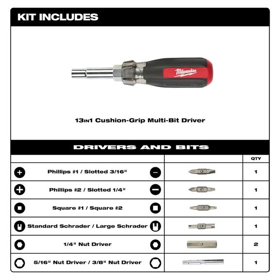 13-in-1 Cushion Grip Screwdriver with Schrader Bit image number 1