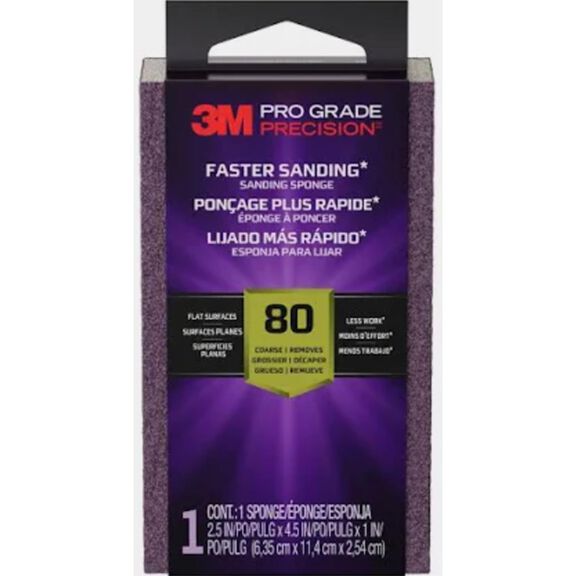 3M Pro Grade Precision Faster Sanding Sanding Block Sponge FSB80-PGP-1T, 2.5" x 4.5" x 1", 80 grit, Coarse, 12/case image number 0