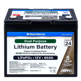 Group 24 Lithium Iron Phosphate Dual Purpose Battery, 12V 60Ah, ABYC Certified