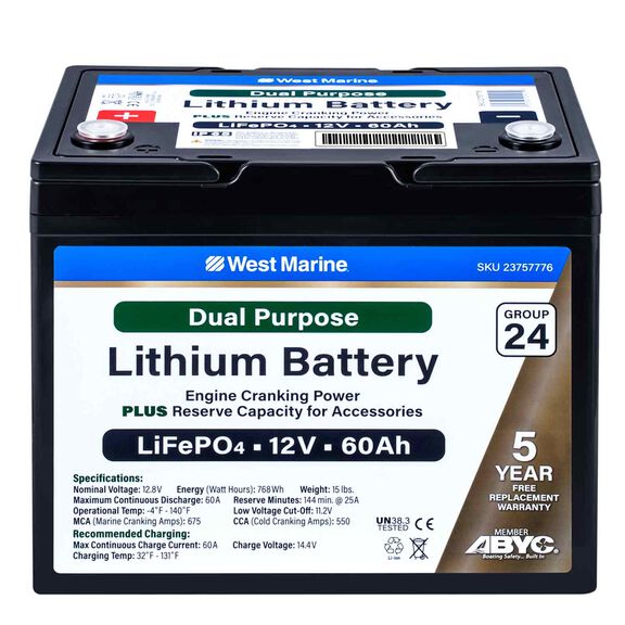 Group 24 Lithium Iron Phosphate Dual Purpose Battery, 12V 60Ah, ABYC Certified image number 0