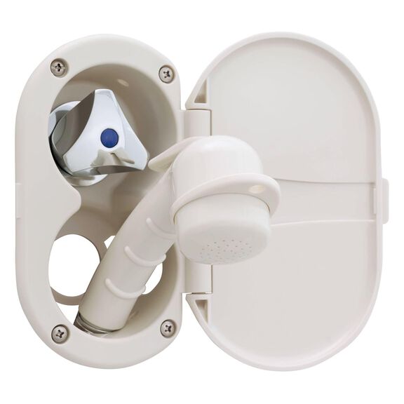 Trinidad Transom Shower Cold Only, Warm White Cup & Lid, Small Warm White Sprayer, 6' White Rubber Hose, Chrome Trinidad Handle image number 2