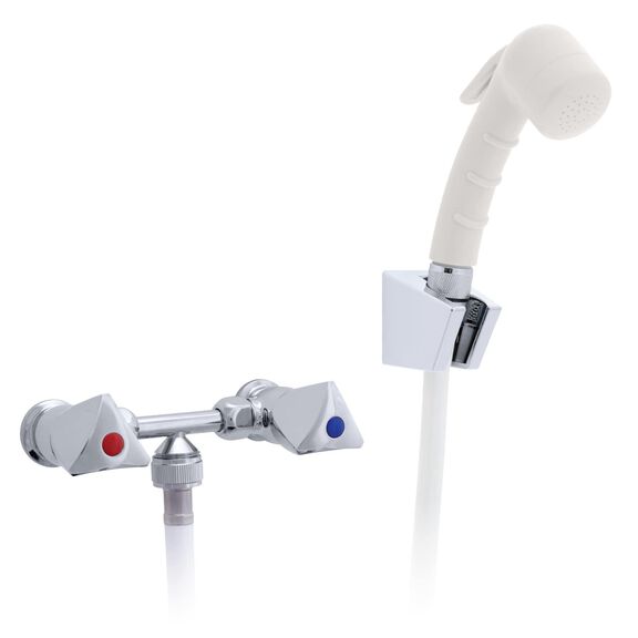 Trinidad 2H External Shower Mixer Small Warm White Sprayer, 6' White Rubber Hose Chrome/Warm White image number 0