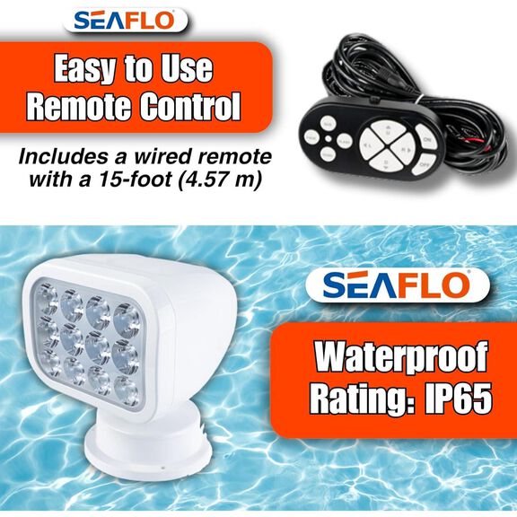 SEAFLO 28W Remote Control LED Searchlight, Warm White, Wired Remote, White image number 4