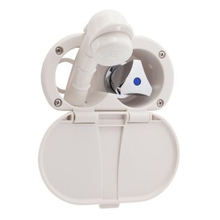 Trinidad Transom Shower Cold Only, Warm White Cup & Lid, Small Warm White Sprayer, 6' White Rubber Hose, Chrome Trinidad Handle