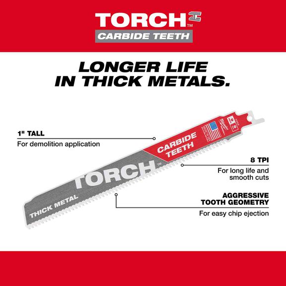 12" 8TPI The TORCH&trade; with Carbide Teeth SAWZALL&reg; Blades, 3 Pack image number 1