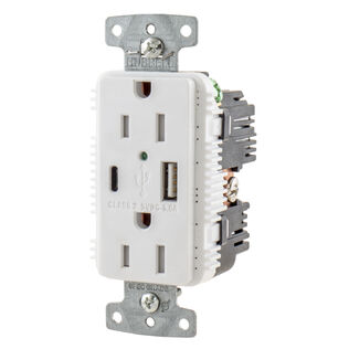 Hubbell Duplex Receptacle, 15A 125V, 5A 5V USB Port AC, White