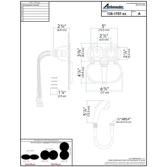 Aidack Transom Shower Hot/Cold Mixer, Arctic White Cup & Lid, Small Arctic White Sprayer, 10' White Rubber Hose, Chrome Aidack Handle image number 3