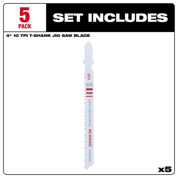 4" 10TPI T-Shank Wood Bi-Metal Jig Saw Blades, 5 Pack image number 2