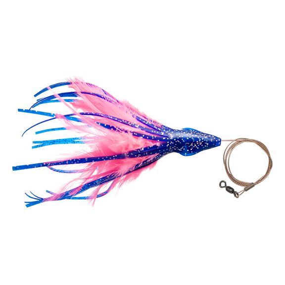 6" No Alibi, Dolphin Delight Rigged & Ready, Blue/Pink Skirt, 1.5 oz Lead Head, 7/0 Mustad Hook, AFW Swivel, 135 lb  AFW Cable, 3 ft image number 0
