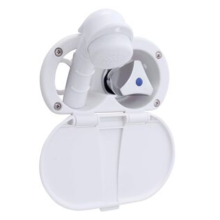 Trinidad Transom Shower Cold Only, Arctic White Cup & Lid, Small Arctic White Sprayer, 6' White Rubber Hose, Chrome Trinidad Handle