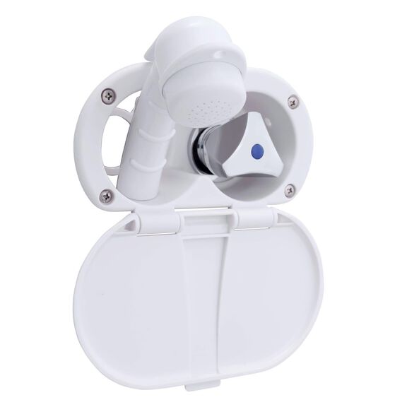 Trinidad Transom Shower Cold Only, Arctic White Cup & Lid, Small Arctic White Sprayer, 6' White Rubber Hose, Chrome Trinidad Handle image number 0