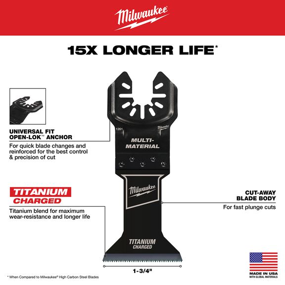 MILWAUKEE&reg; OPEN-LOK&trade; 1-3/4" TITANIUM CHARGED&trade; Bi-Metal Multi-Material Multi-Tool Blades, 3 Pack image number 1