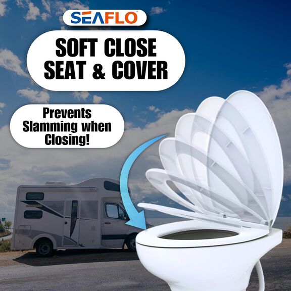 SEAFLO Porcelain RV Toilet Elongated Bowl 19in Residential Height Gravity Foot Pedal Soft Close image number 9