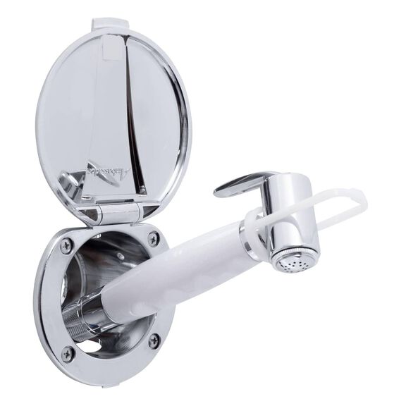Recessed Shower Chrome Cup & Lid, Hammer-Head Arctic White Sprayer, 6' White Rubber Hose image number 1