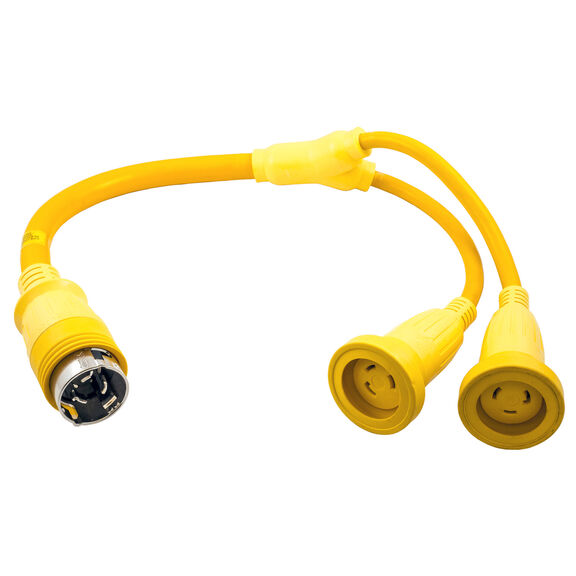 Adapter, Marine Adapter, Molded "Y", 2) 30A 125V Locking Female L5-30R to 50A 125/250V Locking Male, 4-Pole 4- Wire Grounding, Yellow image number 0