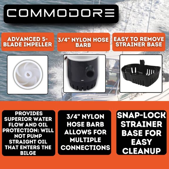 COMMODORE 750 GPH / 12V Automatic Bilge Pump &ndash; Built-In Float Switch, 3/4" Outlet image number 5