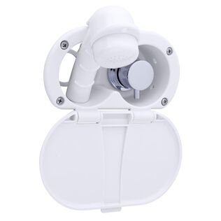 Aidack Transom Shower Hot/Cold Mixer, Arctic White Cup & Lid, Small Arctic White Sprayer, 10' White Rubber Hose, Chrome Aidack Handle