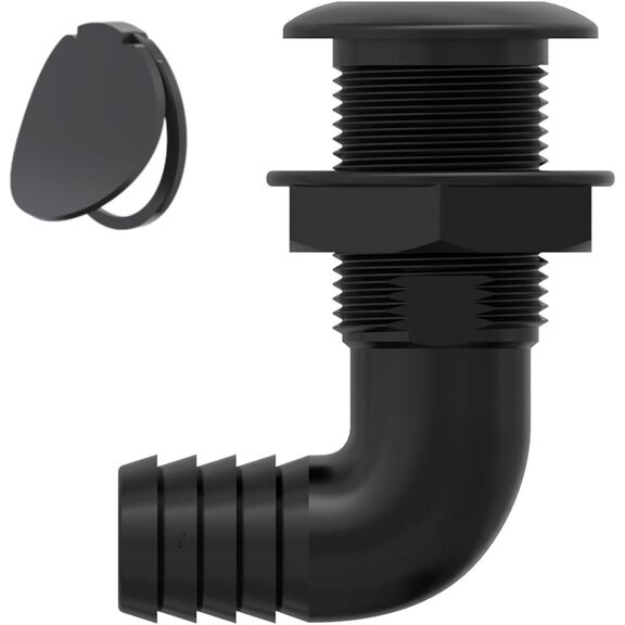 SEAFLO 1" Angled Thru Hull Fitting Black with Check Valve Stainless Steel Cap image number 1