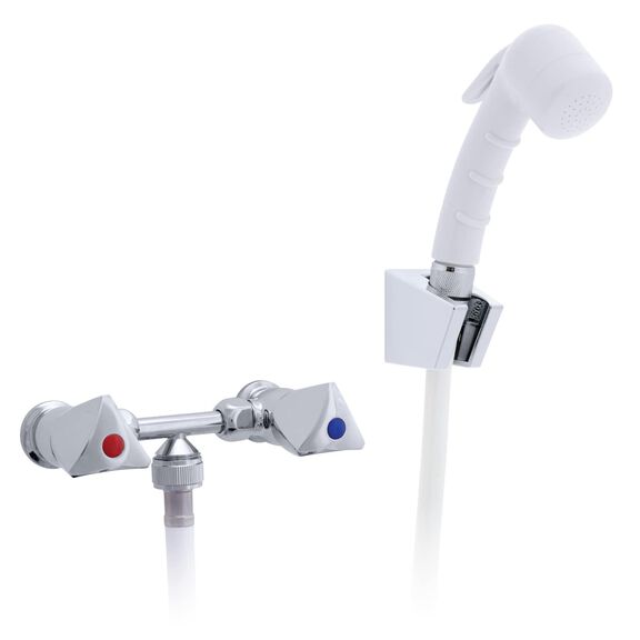 Trinidad 2H External Shower Mixer Small Arctic White Sprayer, 6' White Rubber Hose Chrome/Arctic White image number 0
