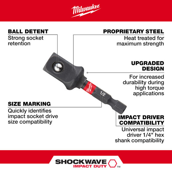 SHOCKWAVE 1/4 in. Hex to 1/2 in. Square Socket Adapter image number 1