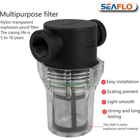 SEAFLO 1/2" In-Line Strainer 100 Mesh Stainless Steel Screen Clear Bowl image number 2
