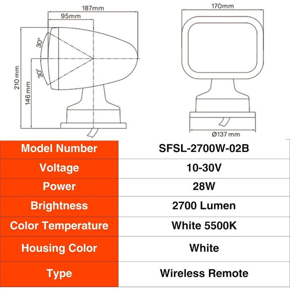 SEAFLO 360&deg; Rotating Remote Control LED Searchlight, 10-30V DC, 2700 Lumens, Wireless Remote, Black image number 7