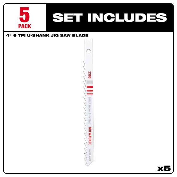 4" 6TPI U-Shank Multi-Material Bi-Metal Jig Saw Blades, 5 Pack image number 2